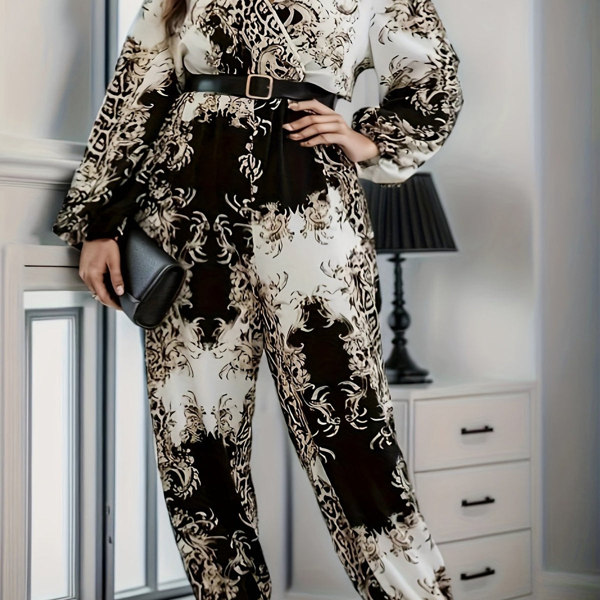  Baroque Print Lantern Sleeve Jumpsuit