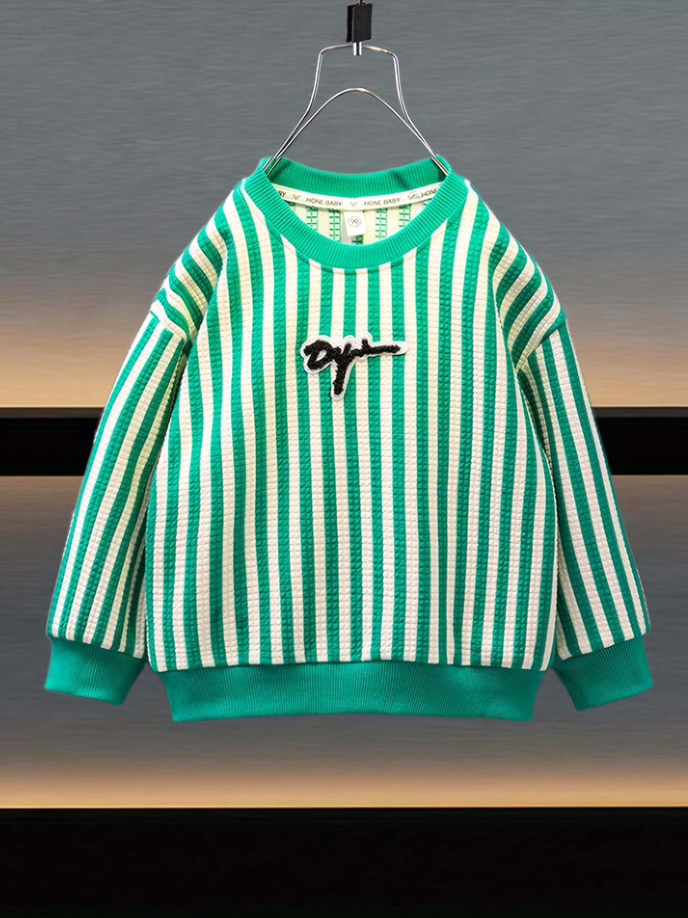 Boys Textured Striped Pullover Sweatshirt Long Sleeve Crew Neck Tops
