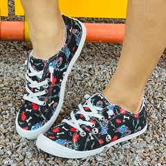 Women's Skull Printed Canvas Shoes Low Round Toe Lace Up Lightweight Comfy Shoes