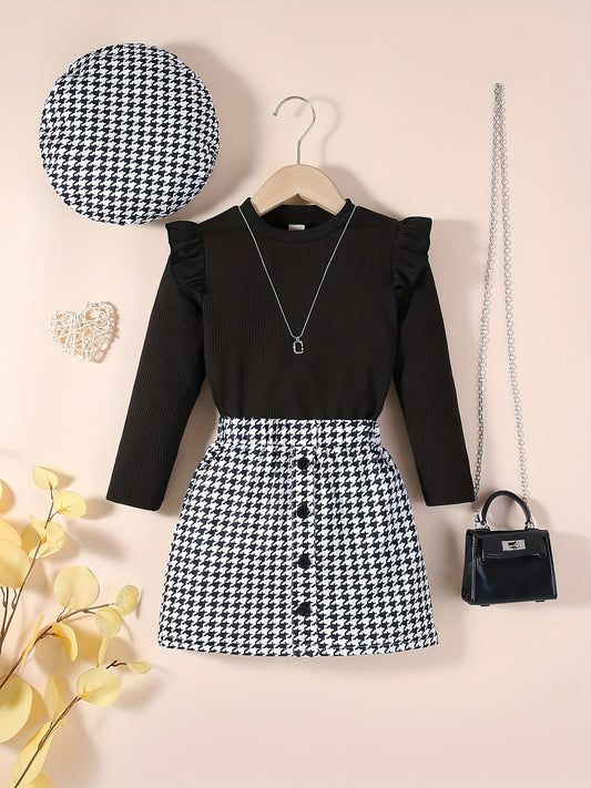 Girl's 3pcs Ribbed Top & Beret Hat & Houndstooth Skirt Set