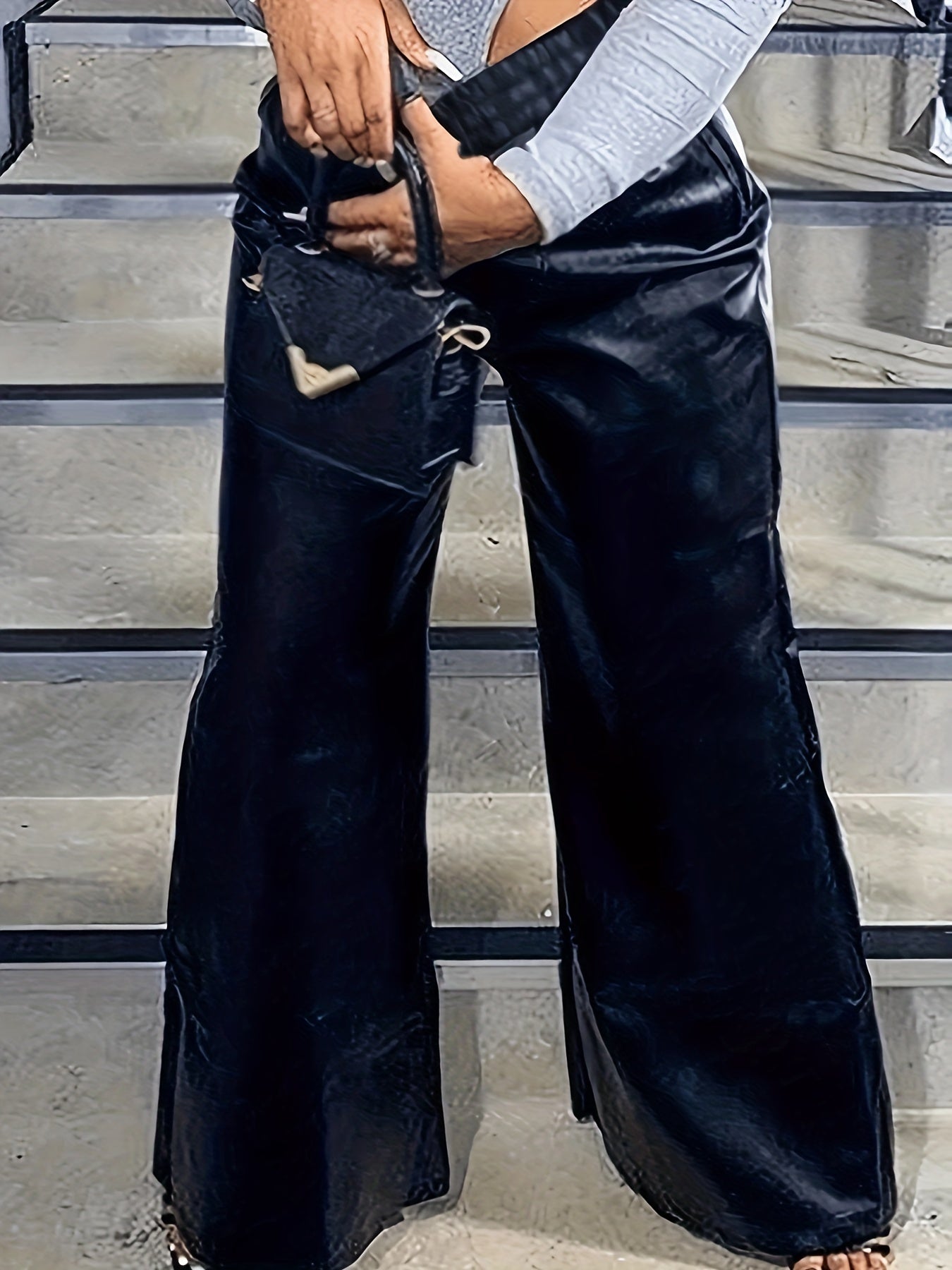 Women's Plus Faux Leather Elastic High Rise Wide Leg Pants