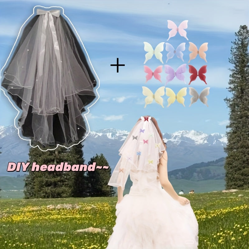 Pearl Bow 3D Butterfly Veil Set for Weddings & Parties