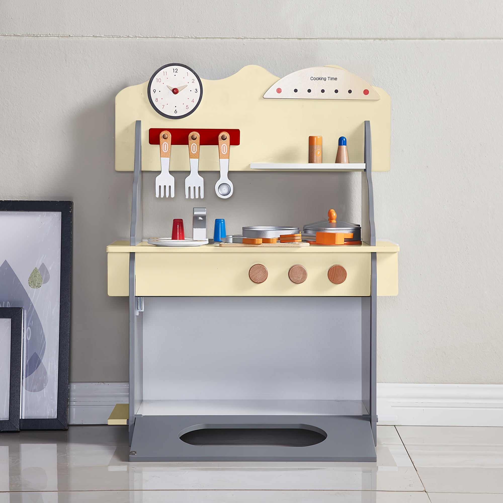 Wooden Play Kitchen Set with Clock Sink & Stovetop Indoor Fun Gift