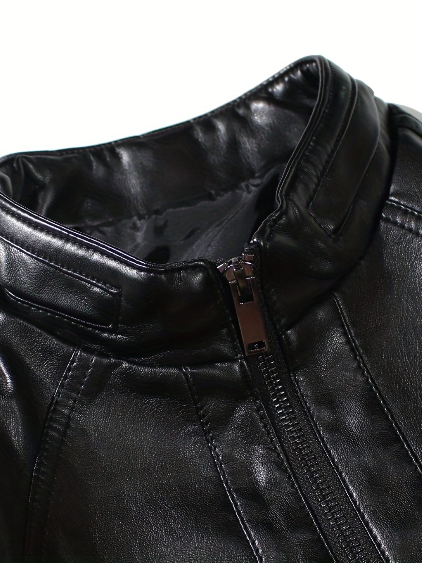 Men's PU Leather Motorcycle Jacket Stand Collar Zipper Closure