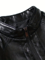 Men's PU Leather Motorcycle Jacket Stand Collar Zipper Closure