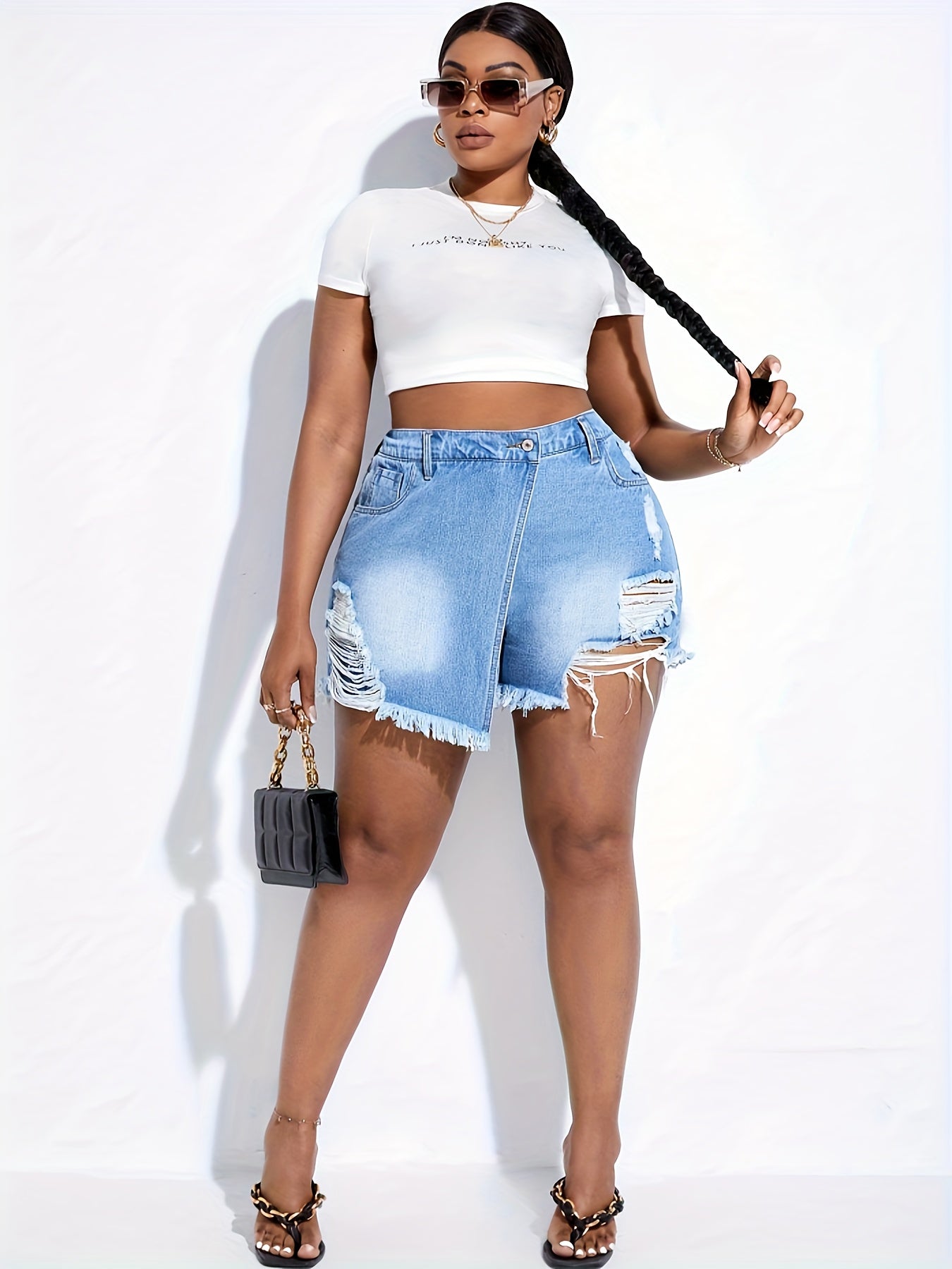  Sexy Denim Skort Women's Plus Solid Wrap High Rise Ripped Raw Trim