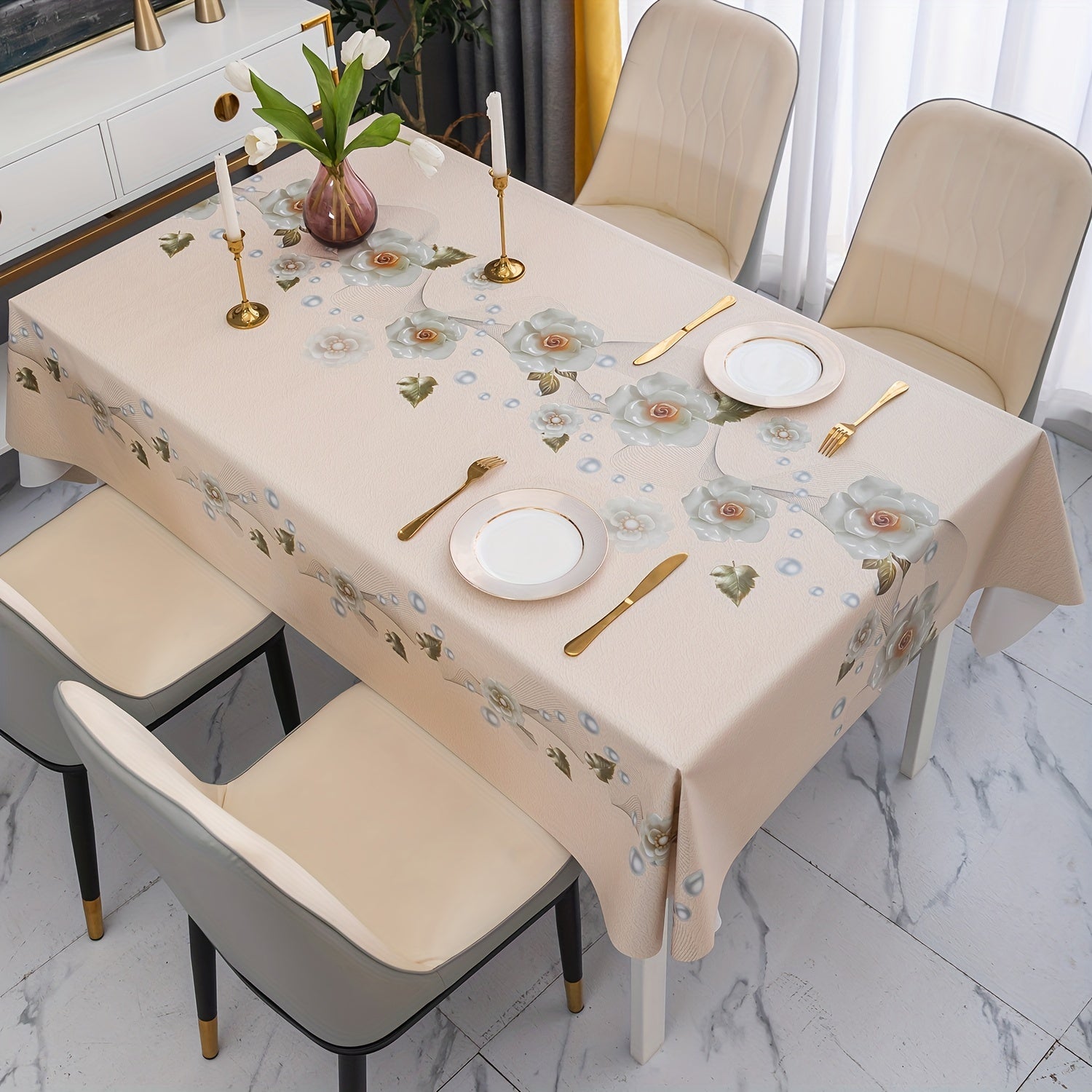 Poly Tablecloth String Of Rose Pattern Rice PVC Waterproof Tablecover