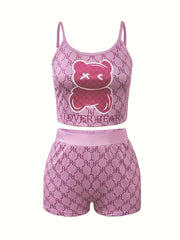 Women's Plus Two Piece Geometric & Bear Print Cami Top & Shorts Set