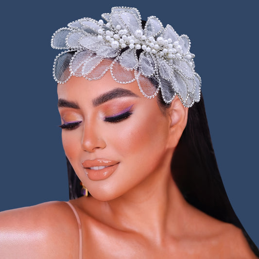 Faux Pearl & Tulle Leaf Floral Lace Headpiece for Weddings