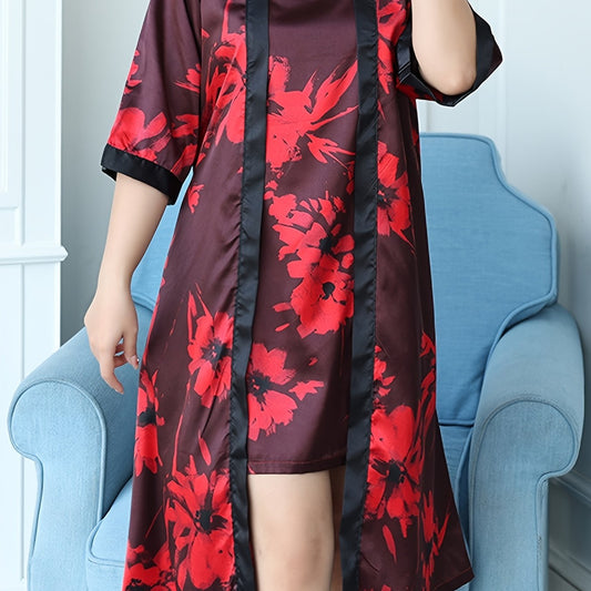  Floral Print Satin Nightgown Set