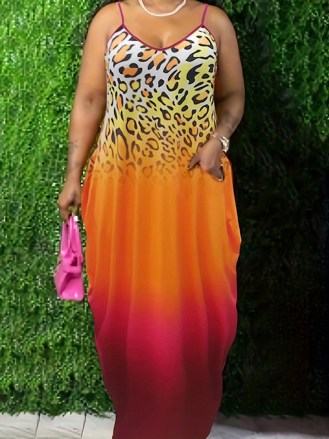  Ombre & Leopard Print V Neck Maxi Dress With Pockets
