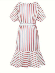  Striped Short Sleeve Midi Dress With Belt