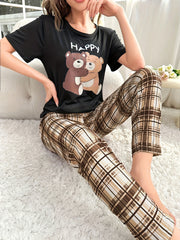 Cartoon Bear Print Pajama Set Short Sleeve T shirt & Cozy Plaid Print Long Pants