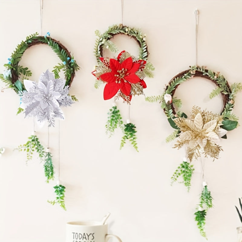 10pcs Glitter Poinsettia Flowers Christmas Wreath Tree Ornaments