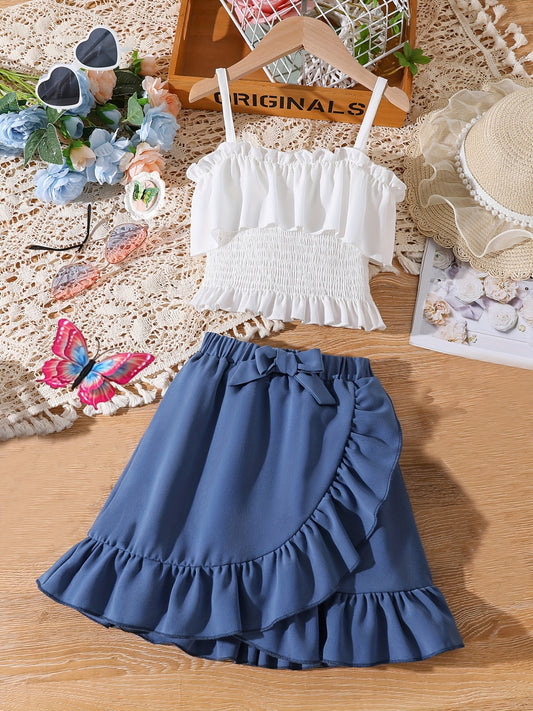 Girls Suspender Dress Set Sleeveless Top Elastic Skirt With Bow