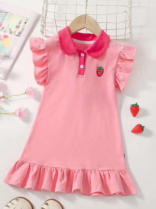 Girls Strawberry Embroidered Ruffle Trim Dress
