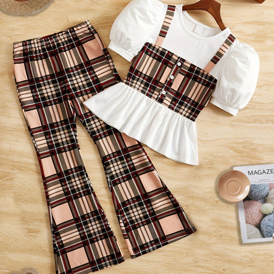 Girl's 2pc Puff Sleeve T-shirt & Flared Pants Set Plaid Pattern Outfit