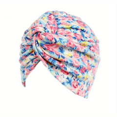 Boho Floral Print Turban Cap Elastic Beanie Knotted Pleated Head Wrap