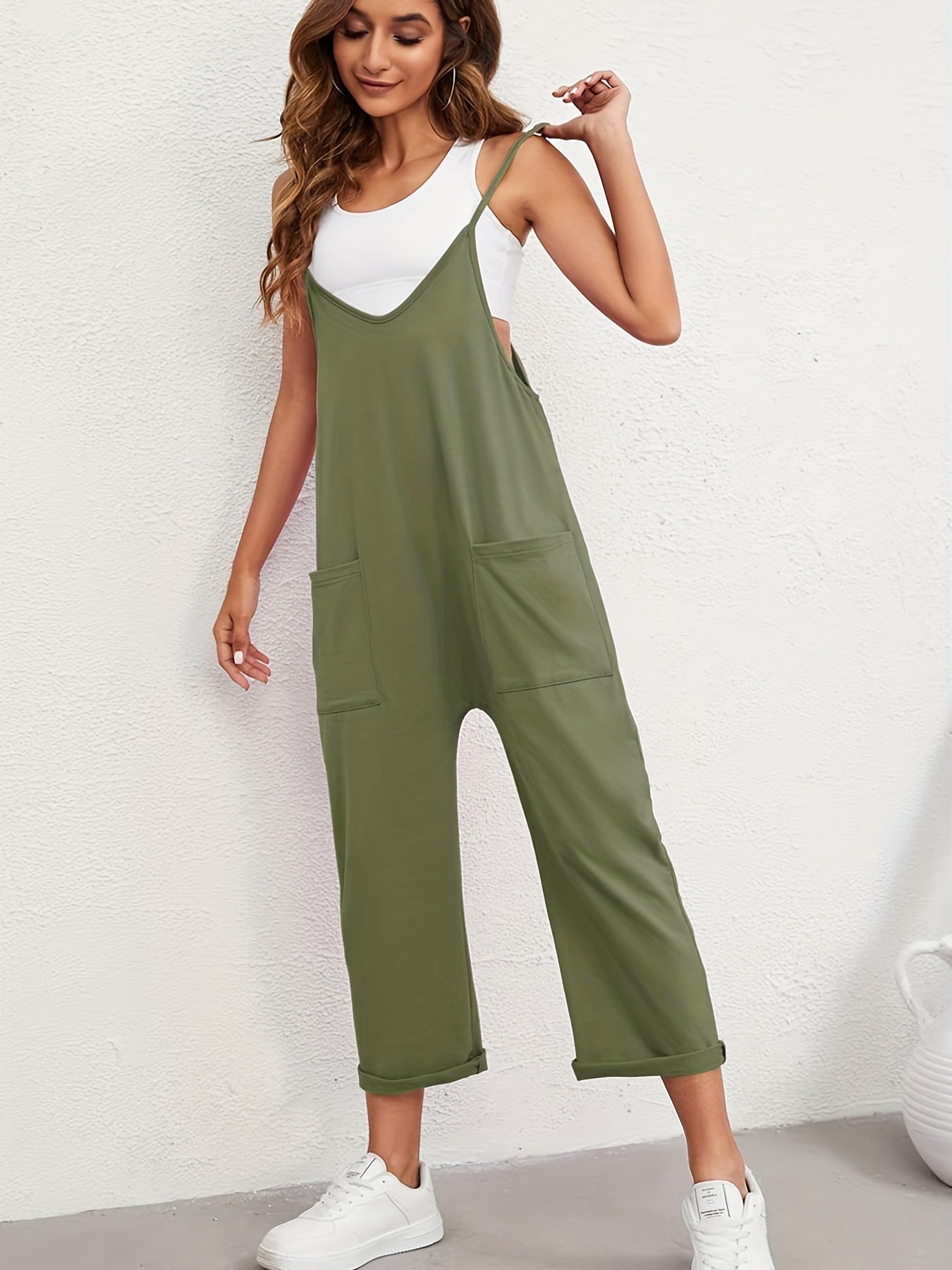 Boho Spaghetti Solid Pockets Jumpsuit Casual Sleeveless Long Length Wide Leg