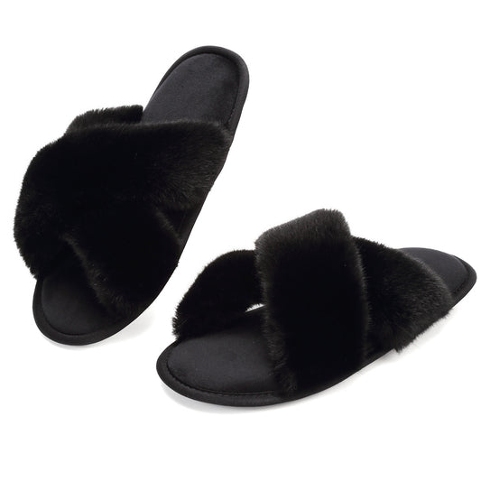 Women's Furry House Slippers Open Toe Slip On Comfy Indoor Shoes