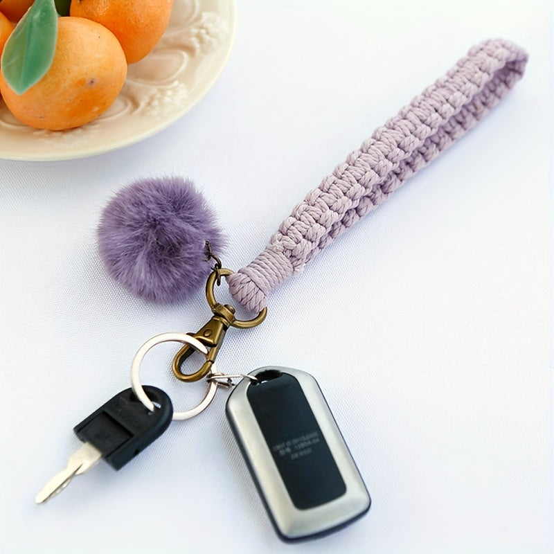 Boho Keychain Fur Ball Wrist Lanyard for Keys Macrame Wristlet Keychain Girls