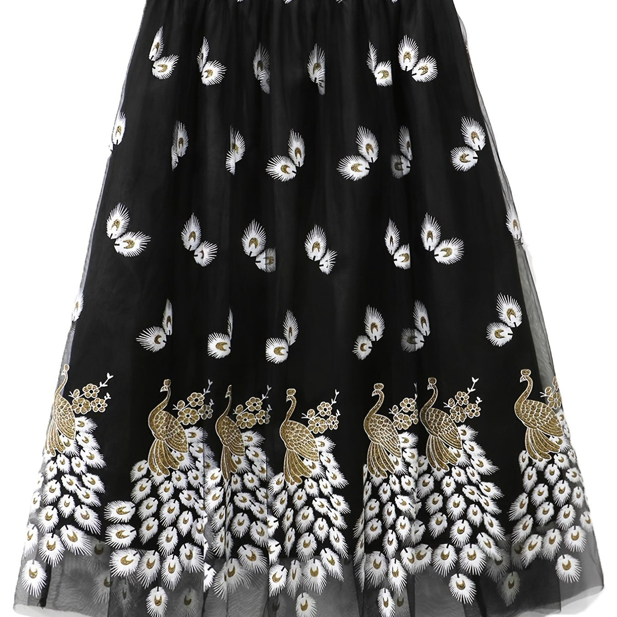 Women's Plus Peacock & Feather Print Elastic Waist Pleated Mesh Skirt