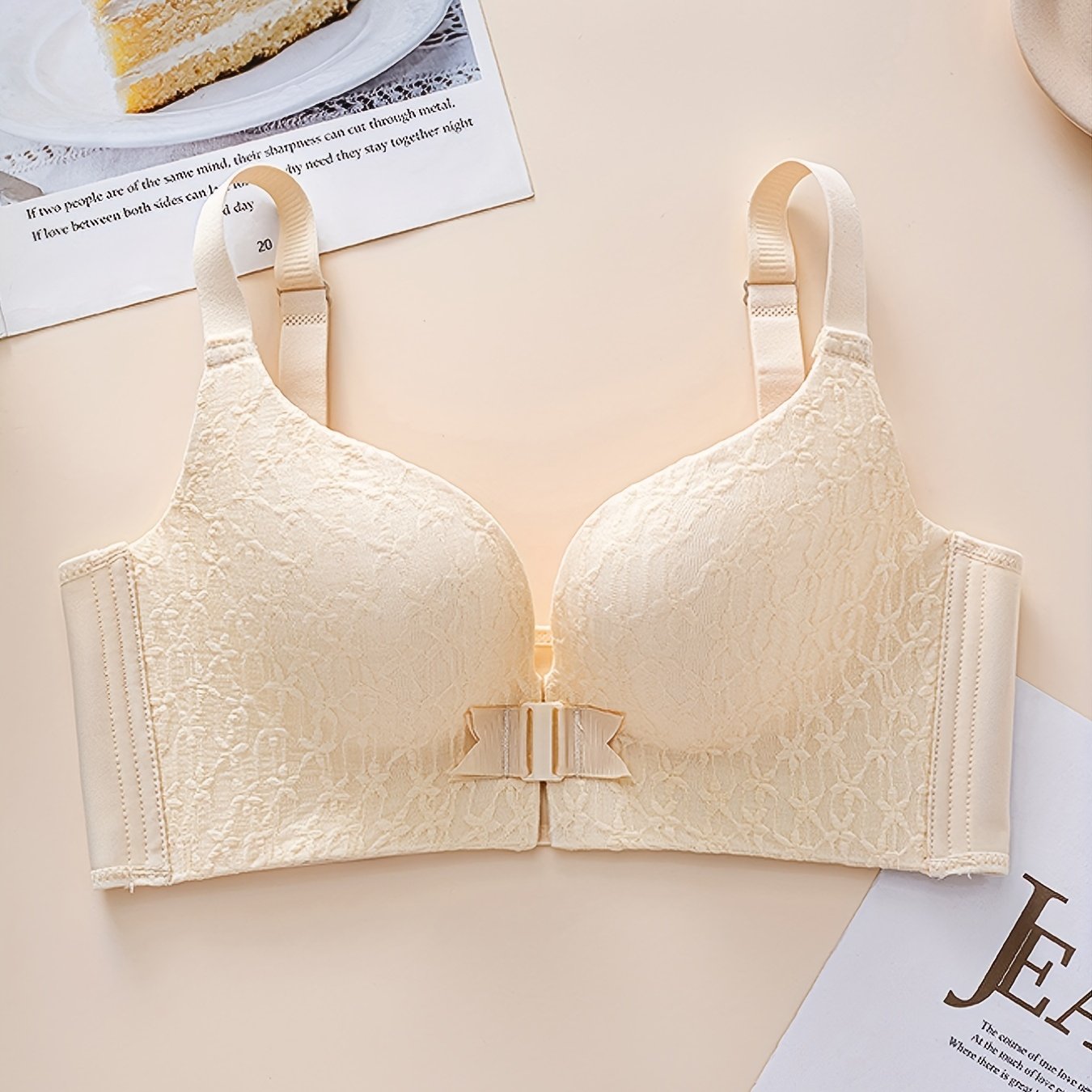 Wireless Push Up Bra Front Buckle Lace Contrast Comfy & Breathable