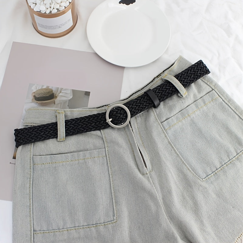 Women's Braided Belt Round Buckle Student Female Silver Buckle