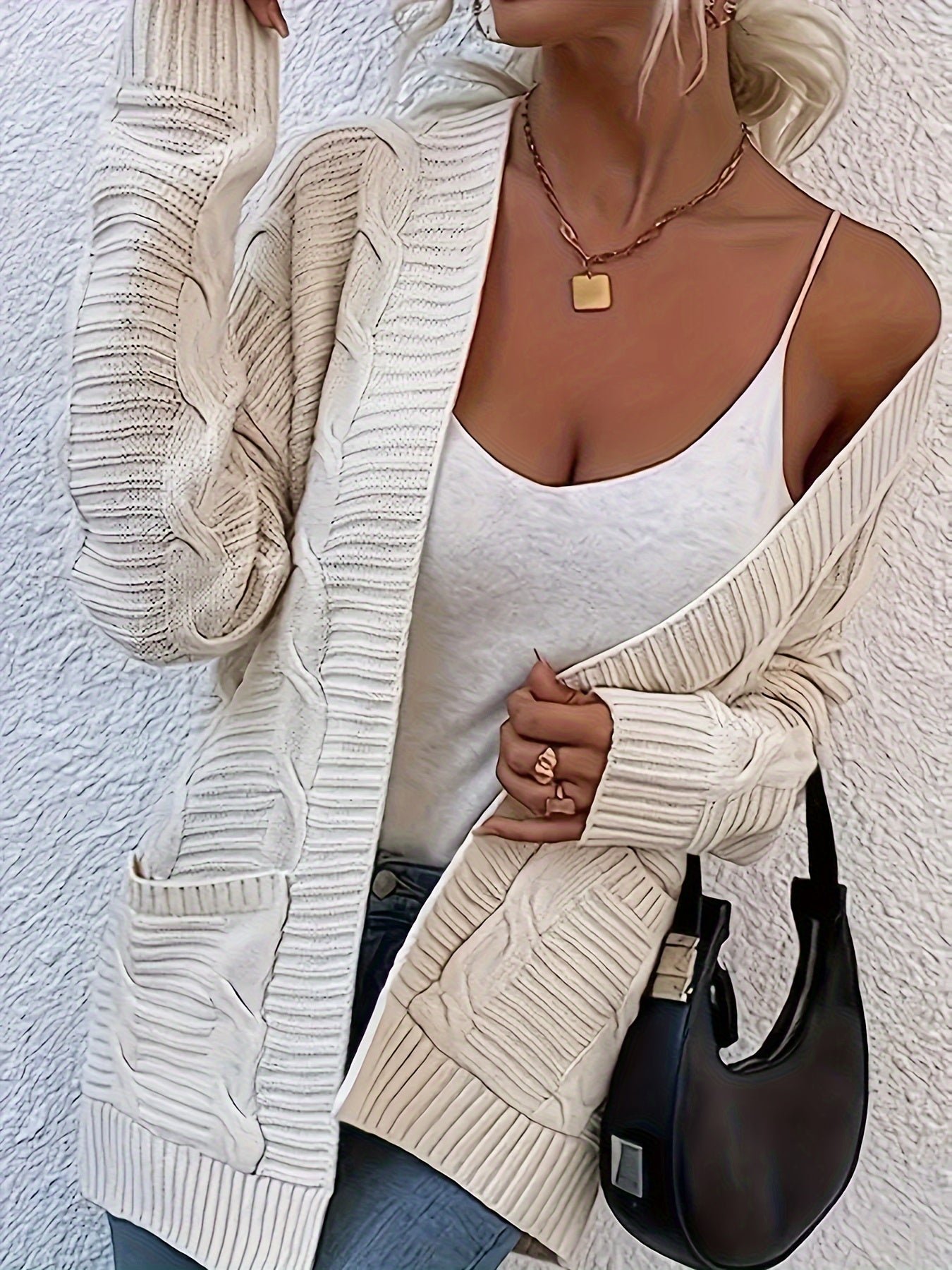  Cable Knit Open Front Cardigan with Pockets