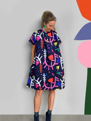  Graffiti Print Button Short Sleeve Casual Dress