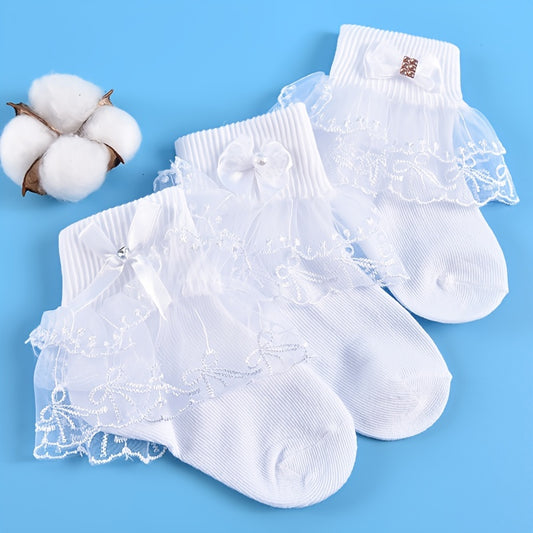 3 Pairs Girls Lace Brim Ruffled Bow Knit Crew Socks