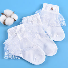 3 Pairs Girls Lace Brim Ruffled Bow Knit Crew Socks