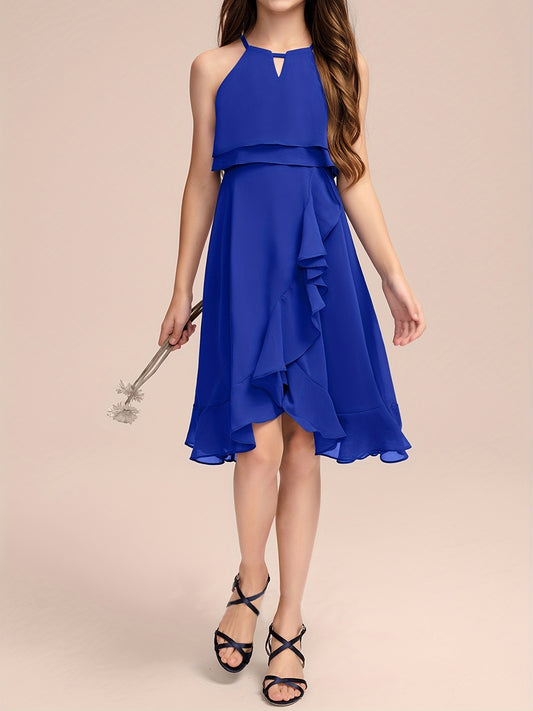 Girls Asymmetrical Ruffle Trim Cami Bridesmaid Dress