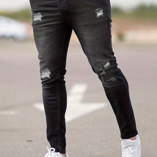 Slim Fit Ripped Cotton Jeans Men's Casual Street Style Solid Distressed