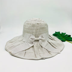 Striped Bucket Hat Wide Brim Bowknot Decor UV Protection Travel Beach Hat