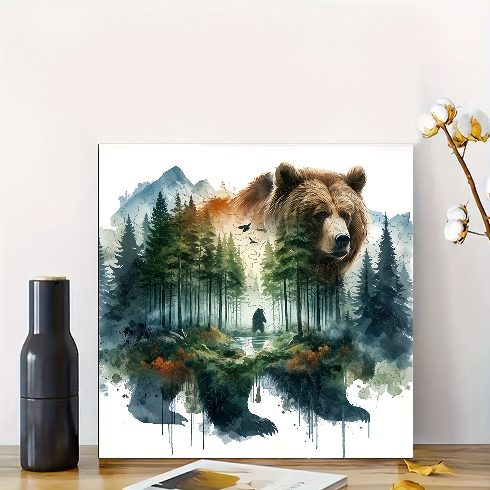 Enchanted Forest Bear Wooden Jigsaw Puzzle Animal Shaped Challenging for Adults