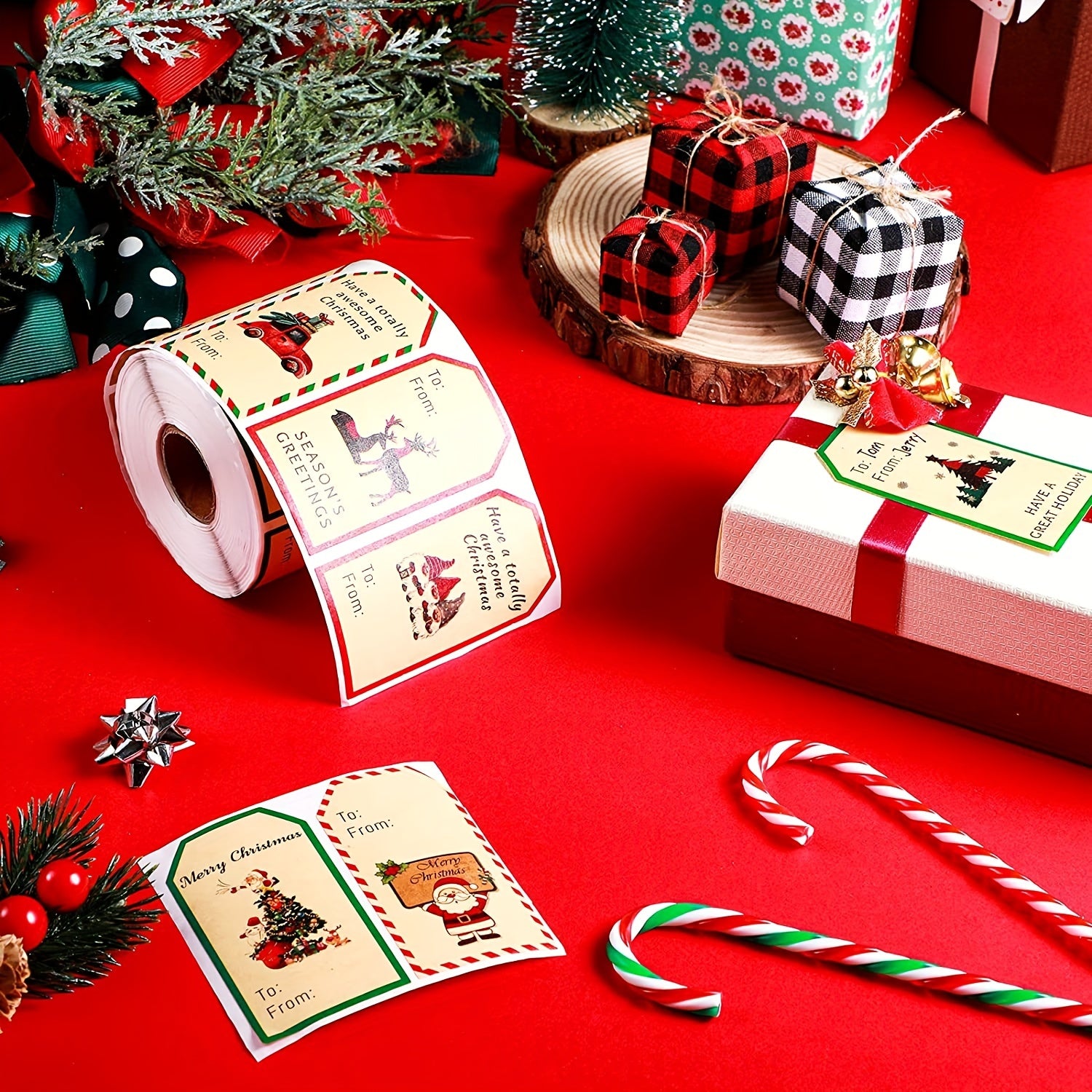 300pcs Christmas Holiday Stickers 8 Patterns Self-Adhesive Label Roll