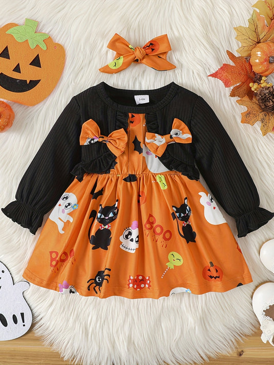 Halloween Baby Girls Long Sleeve Dress Cartoon Animal Print