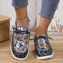 Leopard & Floral Pattern Low Flat Shoes Slip On Lace Up Casual Outdoor Shoes