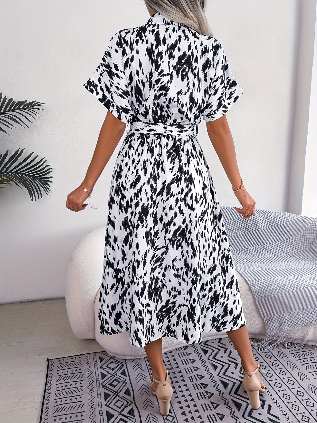 Allover Print Midi Dress Button Front Short Sleeve Women's Clothing