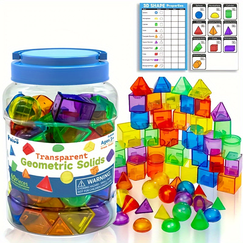 60pcs 3D Geometric Solids Transparent Shapes Stackable Toy Ideal Gift