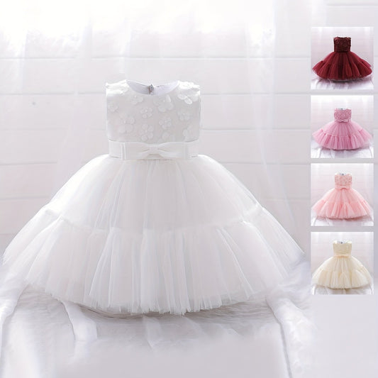 Baby Girls Floral Decor Bowknot Sleeveless Mesh Gown Princess Dress