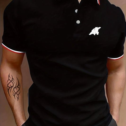 Men's Cartoon Bear Graphic Polo Shirt Casual Lapel Button Up Short Sleeve Shirt