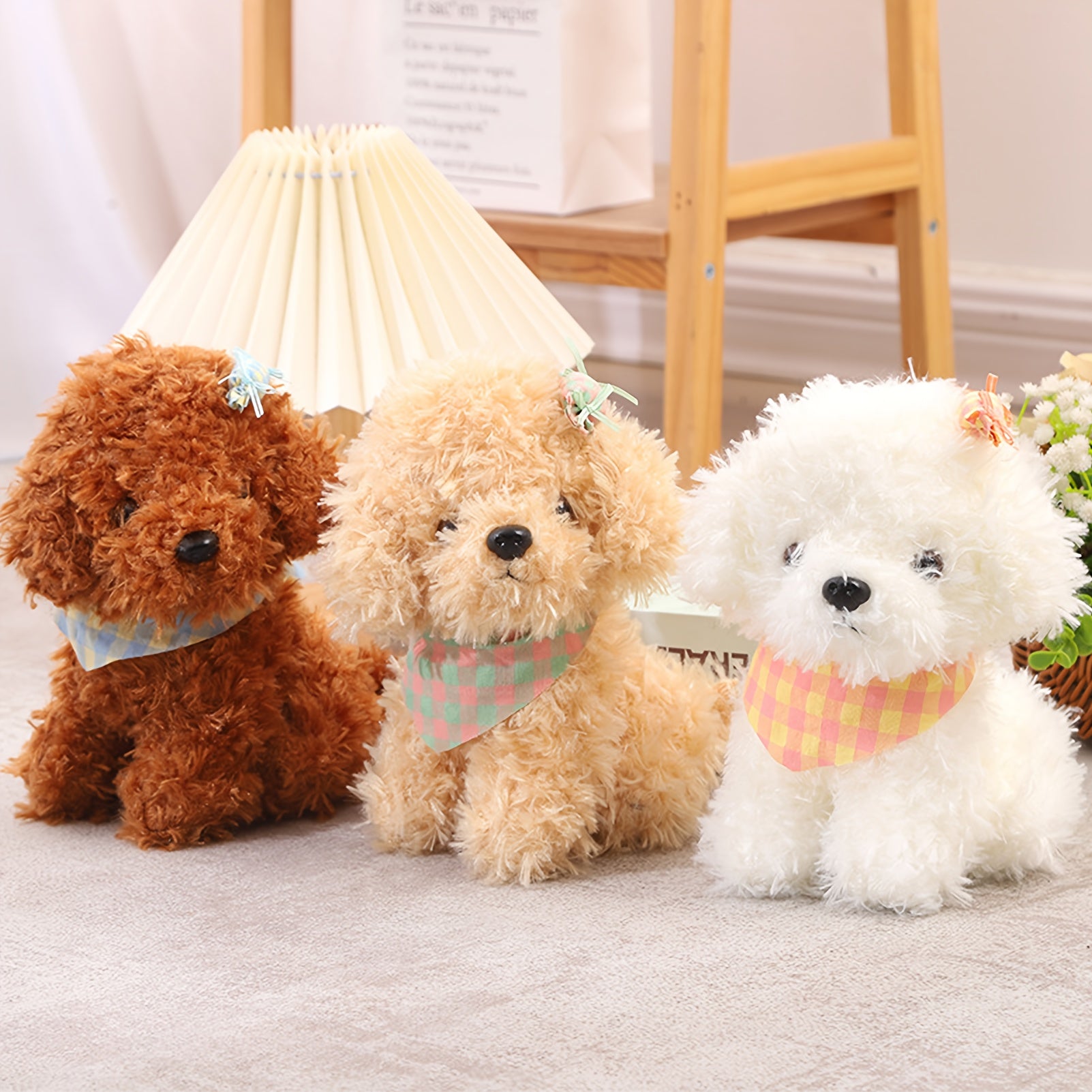 Plush Teddy Bear w/ Colorful Scarf & Candy Dog in Brown