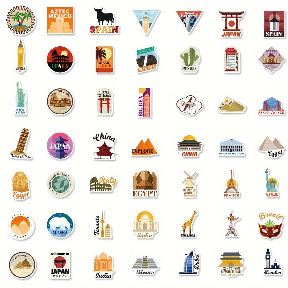 50pcs World City Landmark Stickers For Mobile Phones Coffee Cups Notebooks
