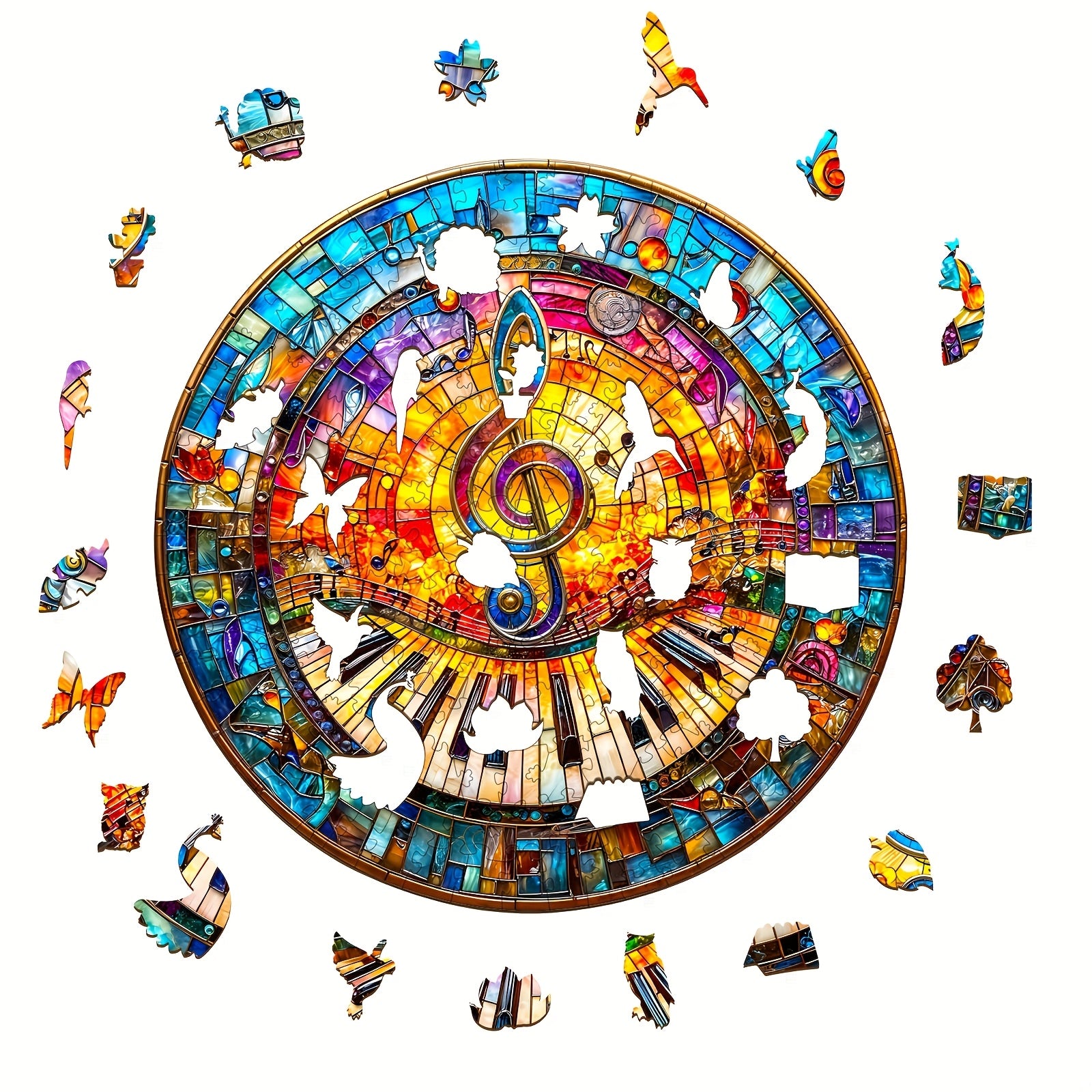 Wooden Jigsaw Puzzle Stained Glass Art Music Theme with Cat Piano