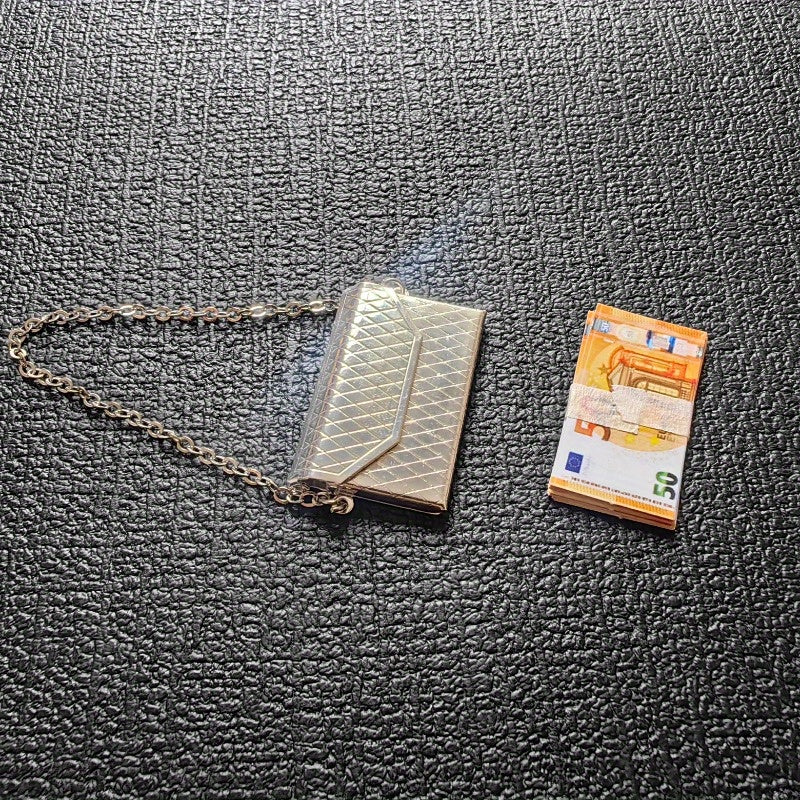 1:12 Scale Mini Metal Clutch Purse w/ Chain Strap & Mini Euro Notes DIY Prop