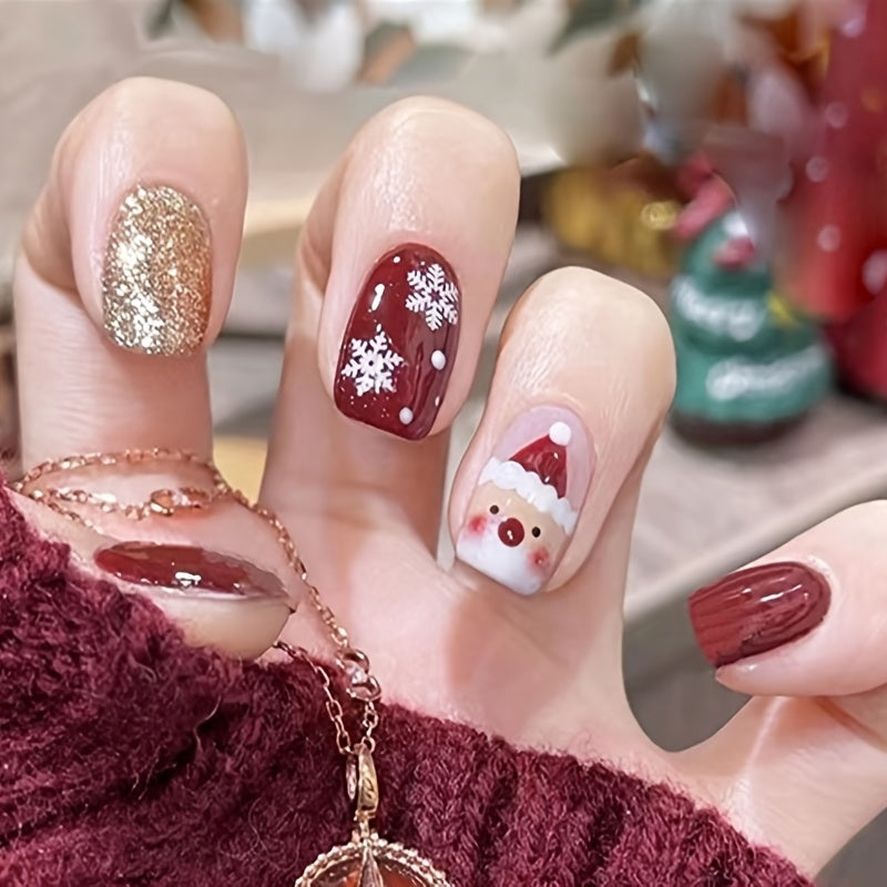 24 pcs Santa Claus Snow False Nails Short Press On Nails for Women Girls Teens