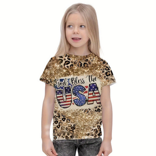 Girls 3D Leopard Print Graphic Crew Neck T shirt Short Sleeve Pull