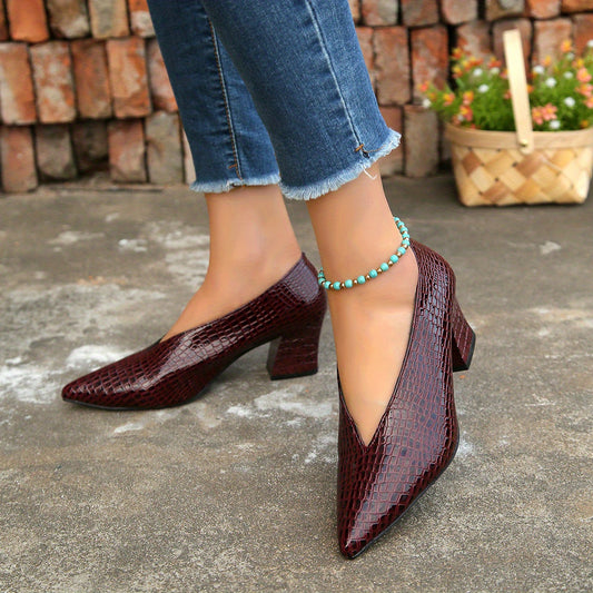 Women's Snakeskin Chunky Heel Point Toe Pumps